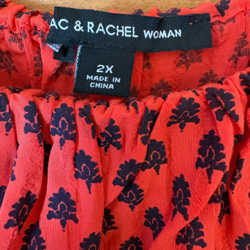 Zac & Rachel Woman NWT Elegant Poppy Red Blouse with Blue Patterns. Size 2X - Picture 2 of 8